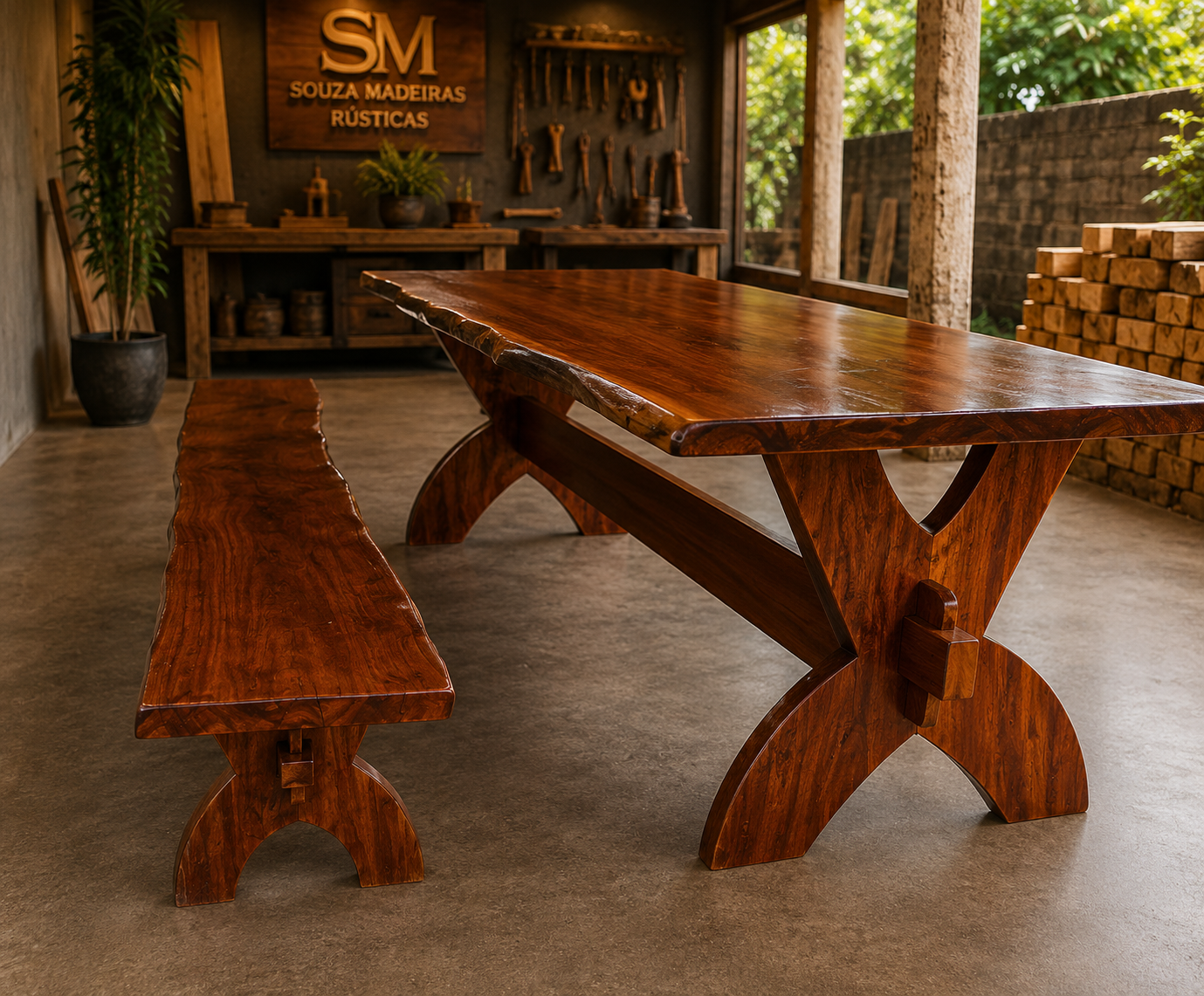Mesa rústica em madeira maciça